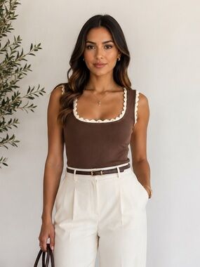 Love Tree Brown Scoop Neck Tank with Cream Trim